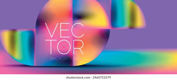 Sleek podium with abstract composition of squares, circles, and triangles, adorned with vibrant fluid gradients for wallpaper, banner, background, landing page, wall art, invitation, print, poster