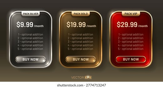 Sleek pricing plan set with Silver, Gold, and VIP options, showing prices and features. Vector illustration.
