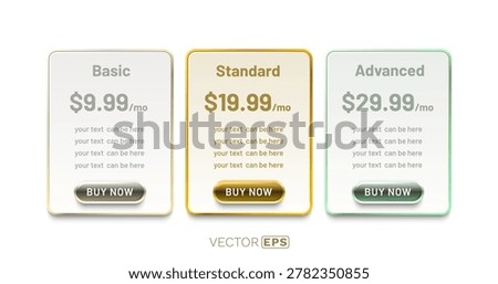 Sleek pricing tables with Basic, Standard, and Advanced subscription plans, a modern UI element. Vector illustration.