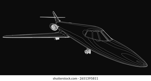 Um elegante jato privado em detalhada ilustração em preto e branco destaca-se contra um fundo escuro. A aeronave apresenta contornos aerodinâmicos, uma linha de trabalho precisa e um design luxuoso.