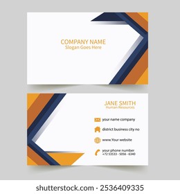 A sleek, professional business card design with bold geometric patterns in orange, blue, and white, ideal for corporate branding.