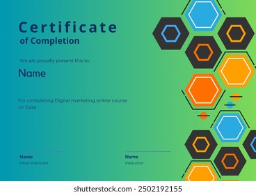 A sleek and professional Certificate of Completion for an Online Digital Marketing Course. The certificate design features a modern layout with a clean, elegant font and a subtle color scheme - Powered by Shutterstock - Get 15% off with code: PIKWIZARD15