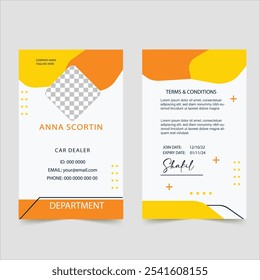  Sleek, professional ID card template in orange and yellow with designated areas for personal info, terms, and company branding.