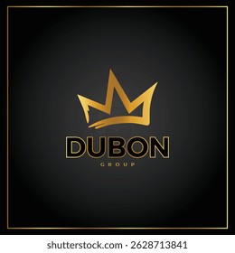 A sleek and professional logo design for DUBON GROUP, featuring a golden crown and bold typography on a black background. This design exudes luxury, premium quality, and corporate excellence, making i