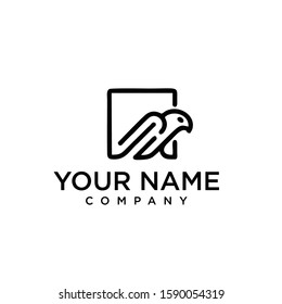 A sleek and professional minimalist logo featuring a bird or eagle in a continuous monoline style, integrated with a square frame. This clean black and white vector design symbolizes vision, freedom, and strength, making it ideal for technology startups, security firms, legal consultants, and modern creative branding. Isolated on a white background
