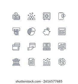 A sleek and professional set of line-style vector icons, perfectly crafted for fintech, banking apps, and financial websites. Clean line style — minimal and modern