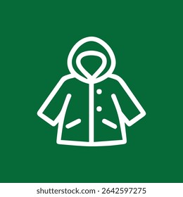 A sleek raincoat icon against a green background perfect for weather forecasts and outdoor safety visuals offering rain protection.