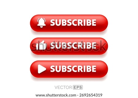 Sleek red 3D subscribe button collection. Essential web UI elements with play, like, and bell icons. Vector illustration