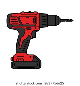 A sleek red and black cordless drill is depicted with a drill bit. This power tool is ready for tasks.