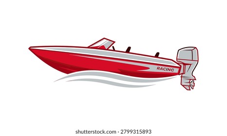 Sleek red and white speedboat moving fast across the water. Dynamic illustration for nautical leisure, summer vacation, and high-speed water sports themes.