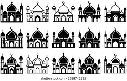 A sleek and refined Islamic mosque outline in delicate line-art style, featuring symmetrical domes, towering minarets, and subtle geometric patterns. Perfect for branding, decor, and Islamic designs.