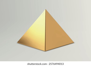 A sleek, reflective golden pyramid with smooth surfaces, placed against a neutral backdrop