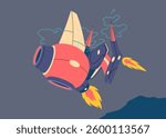 A sleek robotic spacecraft powers up with electrifying energy and rocket thrusters