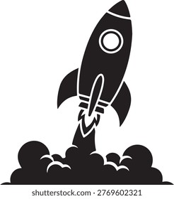 A sleek rocket launching through a cluster of clouds into the sky silhouette vector icon