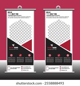 Sleek roll-up banner design for business promotion. Features a clean layout, brand name, tagline, service descriptions, and contact details. Perfect for trade shows and corporate events