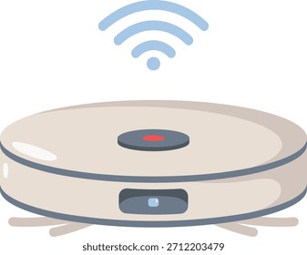 Ein schlanker, runder robotischer Staubsauger mit einem zentralen roten Knopf und einem vorderen Sensor, der mit markanten WiFi-Signalsymbolen darüber aufwartet, was auf Smart Home-Integration und Fernbedienung hinweist.