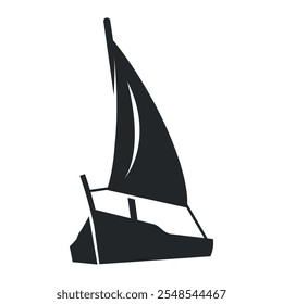 A sleek sailboat icon features a large sail, representing adventure on water, depicted in a minimalist style against a stark white background for clarity.