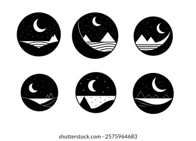Sleek Scenery Icon with Moon and Simplified Landscape