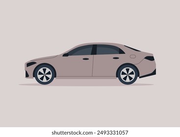 A sleek sedan rests on a pale background, its side profile showcasing clean lines and a sophisticated design