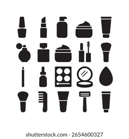 A sleek set of 20 editable cosmetics silhouette icons featuring makeup and skincare essentials — noise-free, minimal, and perfect for commercial use. Ideal for product branding, beauty blogs, and reta