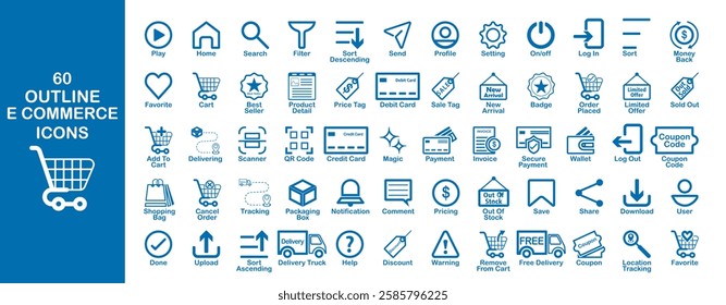 A sleek set of 60 outline e-commerce icons, perfect for enhancing online shopping platforms, apps, and websites. 