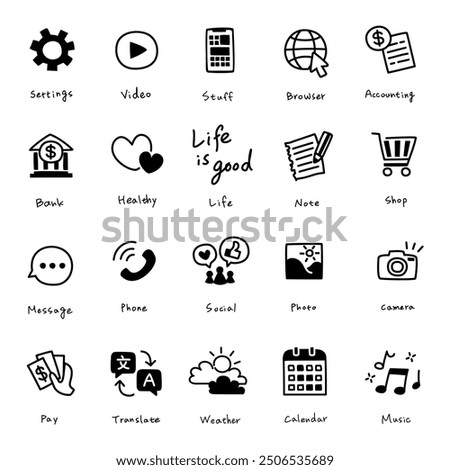 A sleek set of hand-drawn black line icons, ideal for enhancing mobile, tablet, and app designs with a minimalist, clean, and versatile aesthetic.
