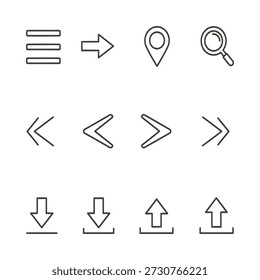 A sleek set of interface icons for menus, navigation, search, location, upload, and download functions—perfect for modern web and app design.