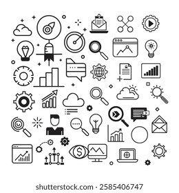  A sleek set of modern thin-line SEO optimization icons, perfect for digital marketing, web design, and analytics. Minimalist vector design for infographics, websites, and branding.
