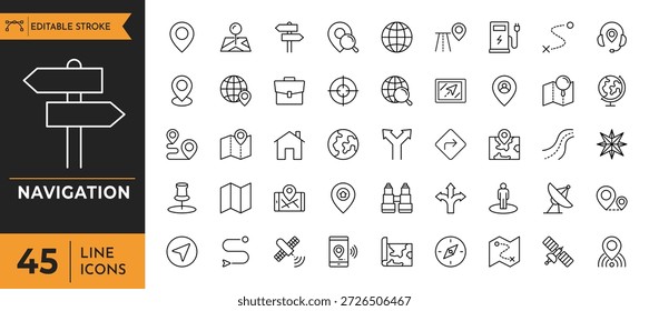 Um conjunto elegante de ícones de navegação em estilo minimalista de linha com traços editáveis, projetado para integração perfeita em mapas, aplicativos móveis, painéis e interfaces baseadas em local.