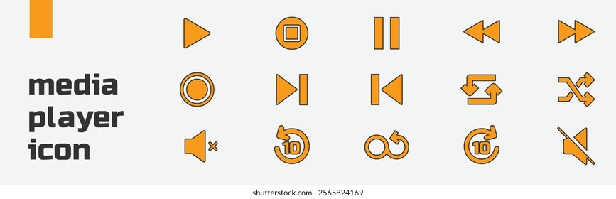 A sleek set of playback icons, including Play, Pause, Stop, Rewind, Forward, Next, Previous, Volume, Mute, Shuffle, Repeat, Record, and Loop. Designed with minimalistic and modern aesthetics