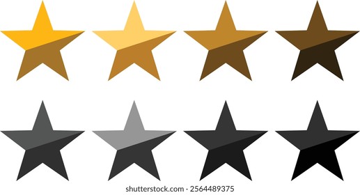 A sleek set of star icons with gradient shades of gold and grey, offering a modern aesthetic for rating systems, graphic design projects, and decorative purposes in digital media.