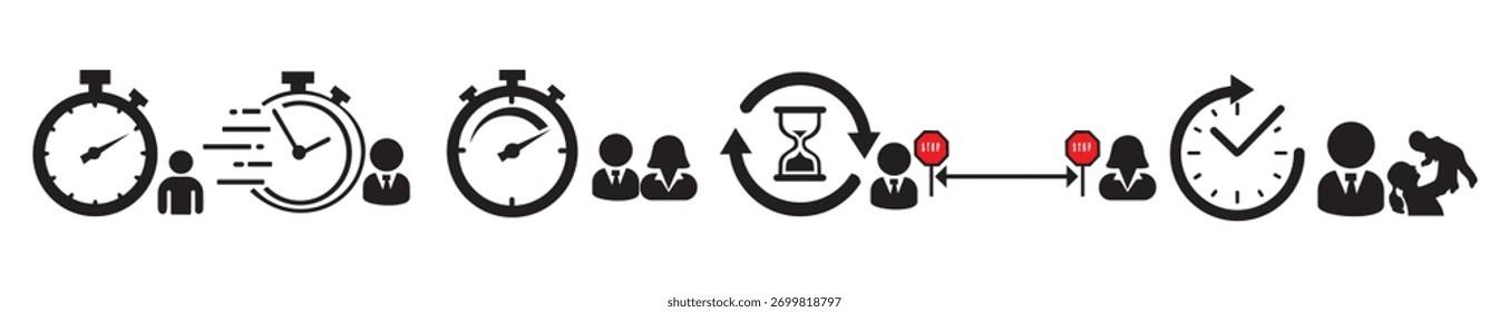 Um conjunto elegante de cronômetro, ampulheta e ícones de atualização. Perfeito para rastreamento de tempo, velocidade, prazo, contagem regressiva, atualização. Ilustração vetorial.