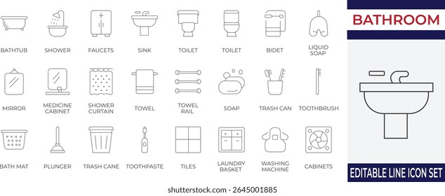 A sleek set of stroke icons representing everyday bathroom essentials and hygiene tools. Perfect for home design, cleaning apps, and lifestyle content.