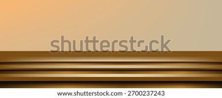 A sleek, shiny gold kitchen countertop with metallic texture, soft reflections, and shadows. A realistic 3D vector illustration of a gold-colored metal countertop or shelf in a limbo setting.