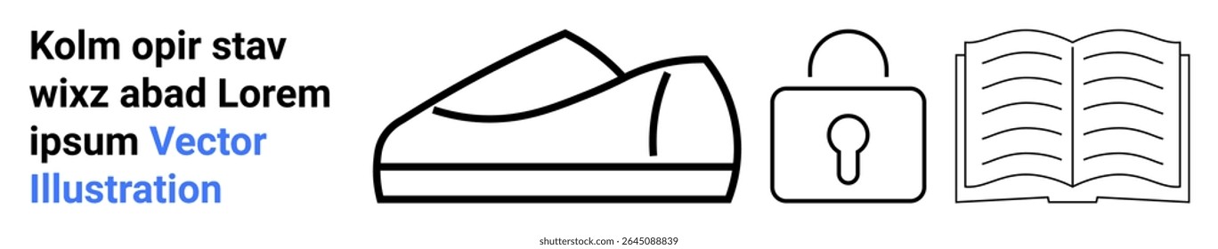Sleek shoe, secure lock, and open book icons. Ideal for fashion, security, education, minimalist designs, infographics, website navigation, and instructional materials. Landing page