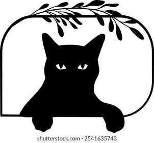 A sleek silhouette of a cat lounging comfortably while surrounded by delicate foliage