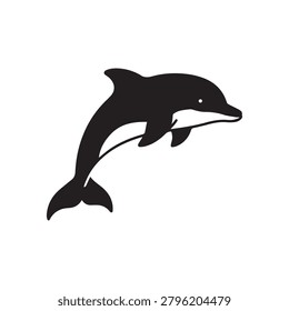 A sleek silhouette of a dolphin captured mid-leap, showcasing its streamlined body and curved tail against a plain background. The image features a solid black fill with a single white eye, emphasizin.