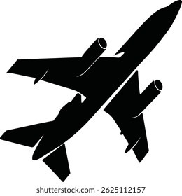 
A sleek silhouette illustration of an aircraft in flight showcasing a modern design with distinct features. This bold graphic representation is ideal for travel-related projects