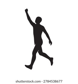 A sleek silhouette of a person captured mid-stride, running with one arm raised energetically. The figure is set against a plain, unadorned background, emphasizing movement and fluidity with a stark, .