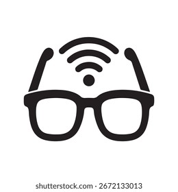 A sleek silhouette of smart glasses, representing virtual and augmented reality technology, presented in a clean, isolated style on a white background.