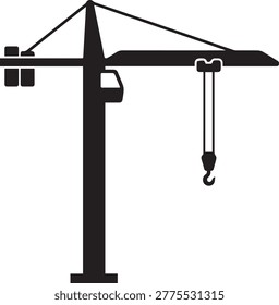Sleek silhouette of a tower crane used for skyscrapers. Minimalist vector design representing urban development and civil engineering.