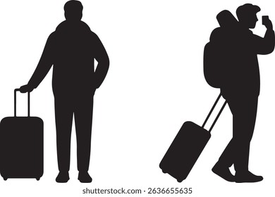 A sleek silhouette of travelers with luggage, representing tourism, travel, and vacation, ideal for travel-related designs.