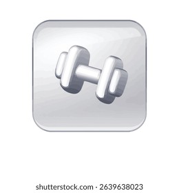 Sleek silver 3D dumbbell icon, perfect for fitness apps and websites.  This glossy metallic button graphic symbolizes strength training, weightlifting, and healthy living.  Ideal for gym-related 