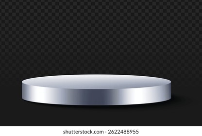 Sleek silver cylindrical podium vector with reflective surface. Perfect for product displays, award ceremonies, and modern exhibition designs. Professional 3D platform illustration.