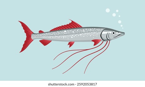 A sleek silver fish with striking red fins and delicate flowing tendrils, surrounded by bubbles. Perfect for marine-themed designs, aquatic illustrations, and fantasy artwork.