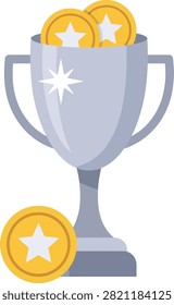 A sleek silver trophy cup is filled with several gold coins, each bearing a white star emblem. One additional gold coin rests on the white surface beside the trophy. The is clean and flat, with smooth gradients and defined shapes, giving the a modern, stylized appearance. effectively symbolizes wealth, and accumulated rewards or achievements. It is versatile for use in contexts related to finance, gaming, or any scenario involving success and prizes.