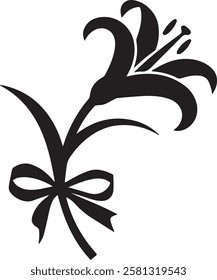 a sleek and simple lily flower silhouette icon in vector format. Featuring a beautifully detailed lily with a tied ribbon, this black-and-white icon is perfect for floral designs, branding, invitation