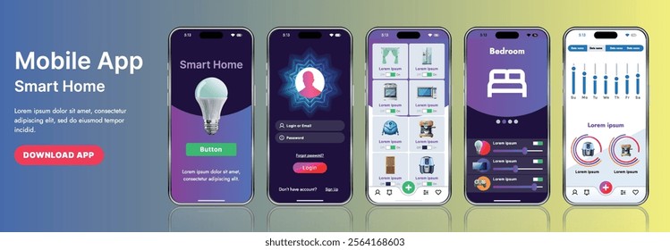 A sleek smart home application interface template featuring modern icons and a gradient design. Includes navigation menus for managing devices, monitoring security, controlling temperature