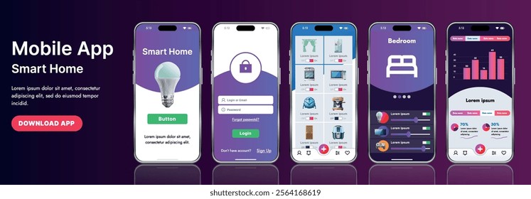 A sleek smart home application interface template featuring modern icons and a gradient design. Includes navigation menus for managing devices, monitoring security, controlling temperature