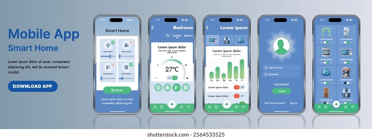A sleek smart home application interface template featuring modern icons and a gradient design. Includes navigation menus for managing devices, monitoring security, controlling temperature